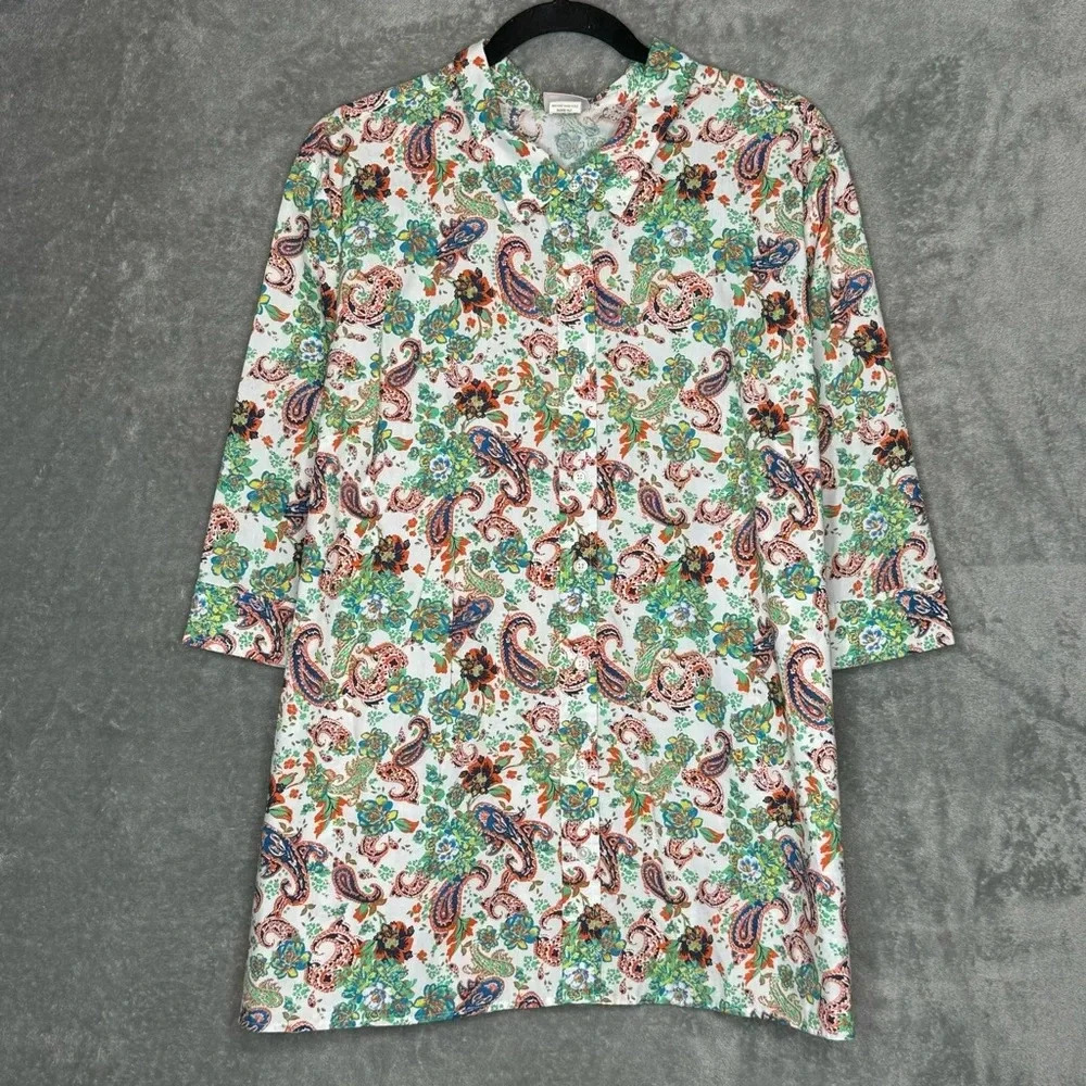 American Sweetheart 2X Shirt Top Green Paisley Button Up Short Sleeve Collared